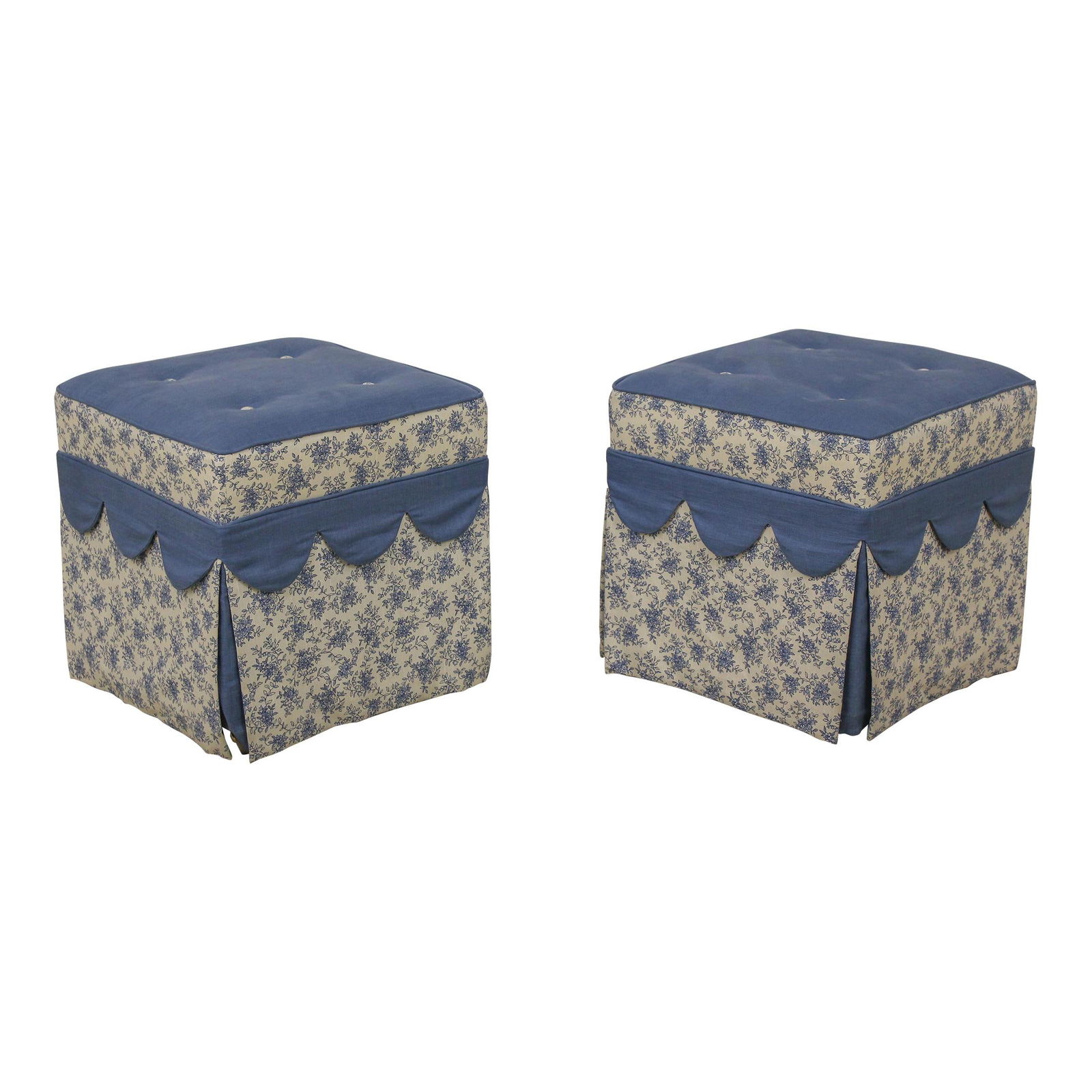 Elegant Blue Custom Upholstered Ottoman Stools Pair (1 of 10)