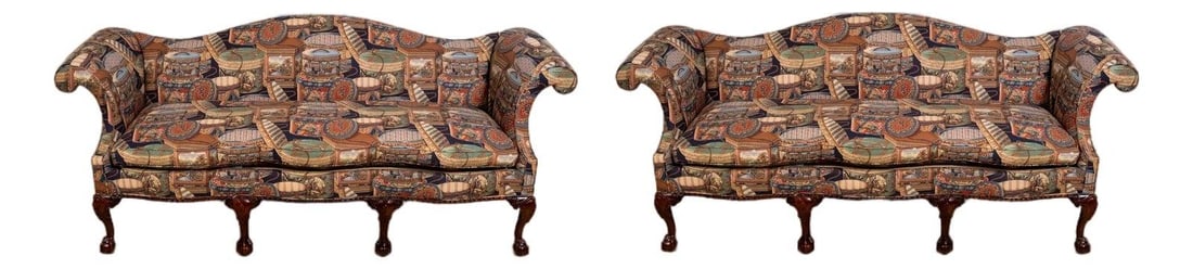 Pair of Southwood Mahogany Camelback Sofas with Carved Details (1 of 10)