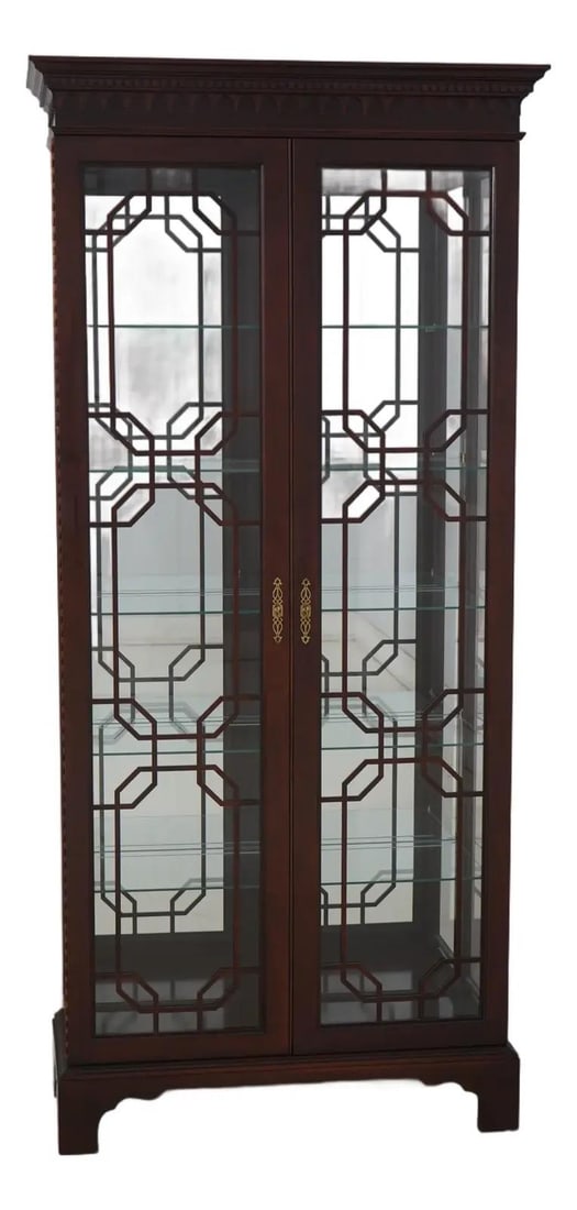 Elegant Jasper Chippendale Curio Display Cabinet Cherry Wood Lighted Shelves: Elegant Jasper Chippendale Curio Display Cabinet Cherry Wood Lighted Shelves This elegant Jasper Chippendale Style Cherry Curio Display Cabinet showcases a timeless design with traditional Chippendale
