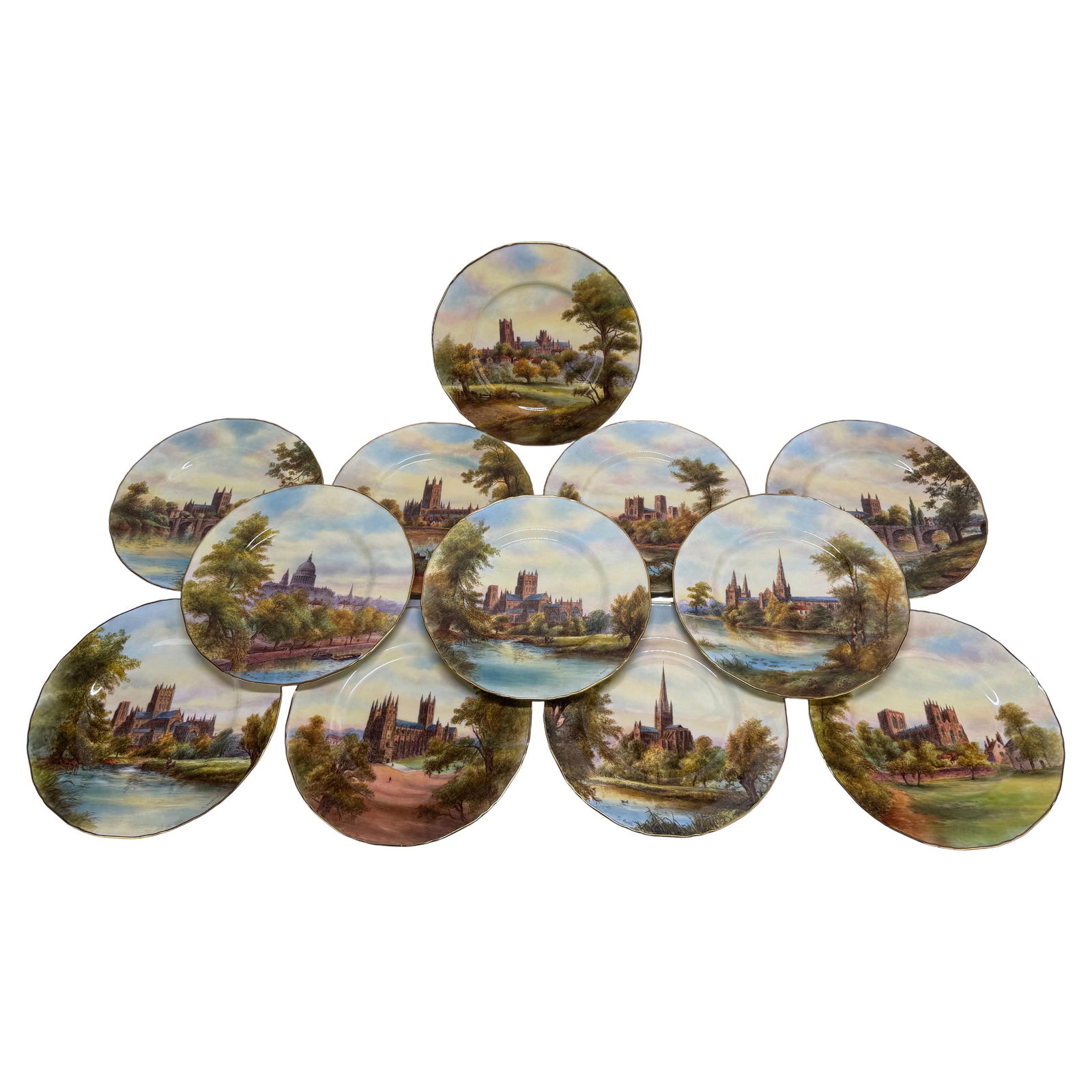 Set of 12 Royal Worcester Hand-Painted Cathedral Plates 1941 (1 of 12)