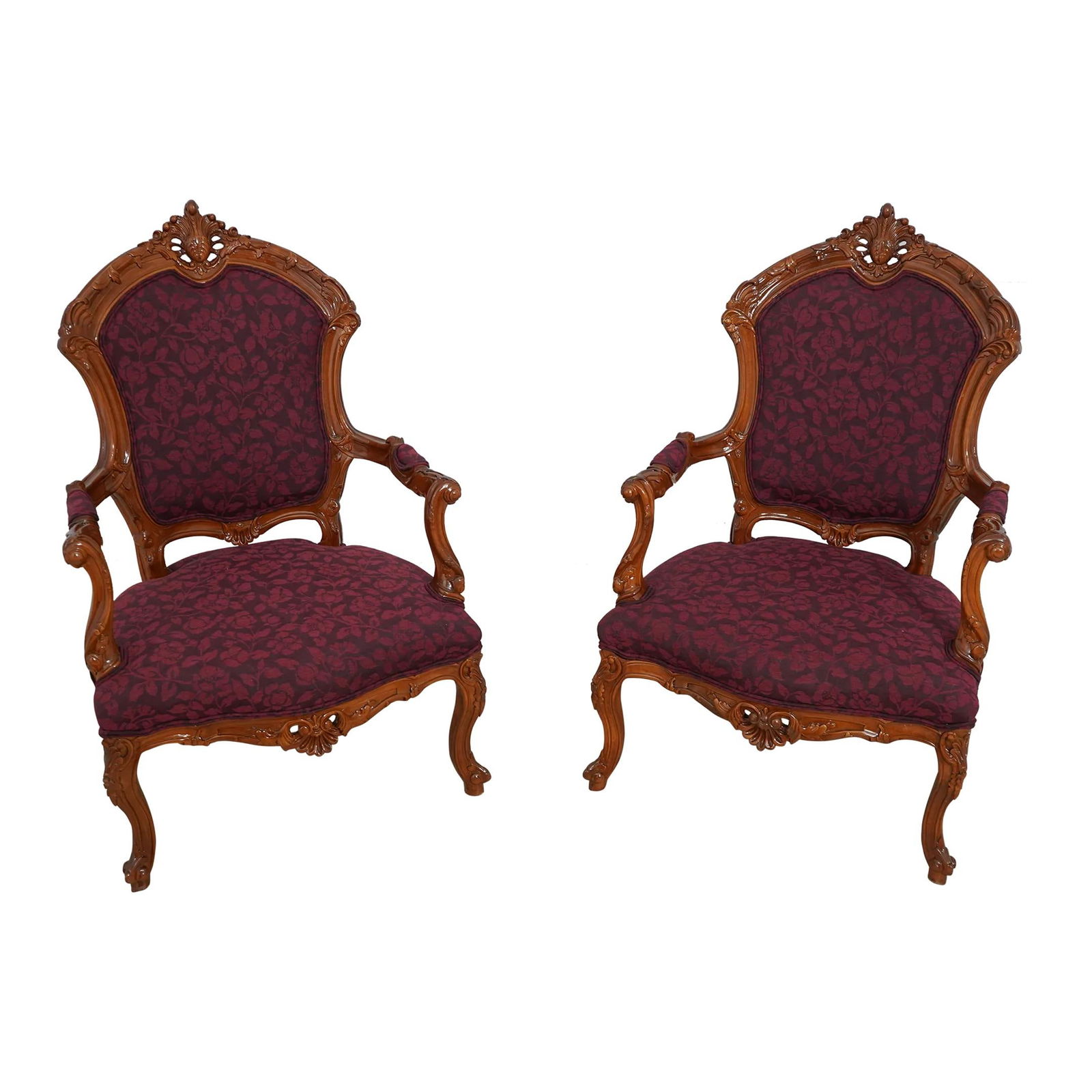Exquisite Pair of Louis XV Style Throne Armchairs with Carved Details (1 of 10)