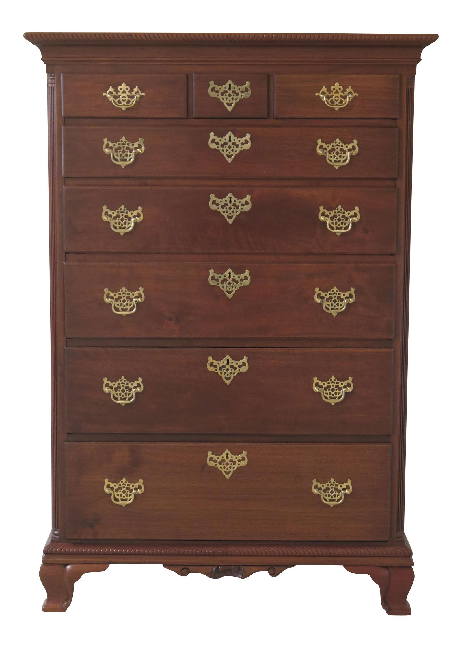 Restored Antique Chippendale Walnut High Chest of Drawers: Restored Antique Chippendale Walnut High Chest of Drawers This restored Antique Chippendale Walnut High Chest of Drawers showcases exquisite craftsmanship with its elegant bracket feet and solid brass