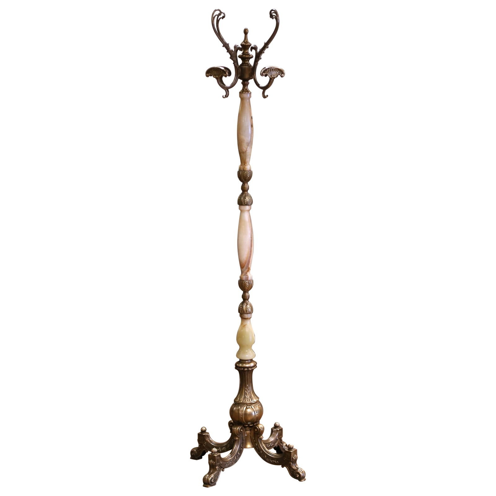 Art Deco French Brass Onyx Dolphin Swivel Hall Tree 1920: Art Deco French Brass Onyx Dolphin Swivel Hall Tree 1920 This exquisite early 20th century French hall tree showcases a stunning combination of hand-carved onyx and patinated brass, crafted circa 1920