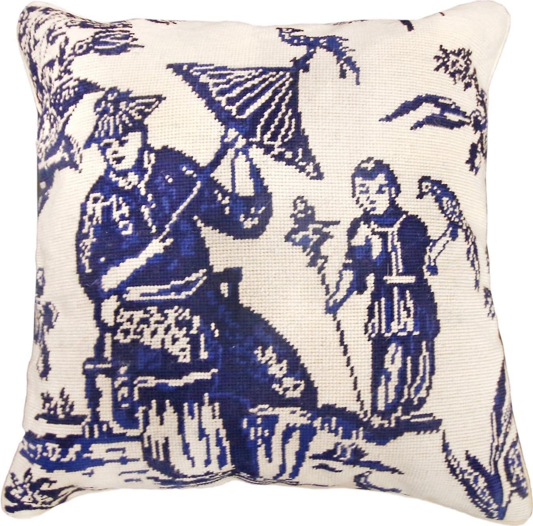 Chinoiserie Blue Boy Bird Throw Pillow 18x18 Wool Velvet: Chinoiserie Blue Boy Bird Throw Pillow 18x18 Wool Velvet Enhance your decor with this elegant Chinoiserie style throw pillow featuring a charming blue boy and bird design. This luxurious pillow is cra