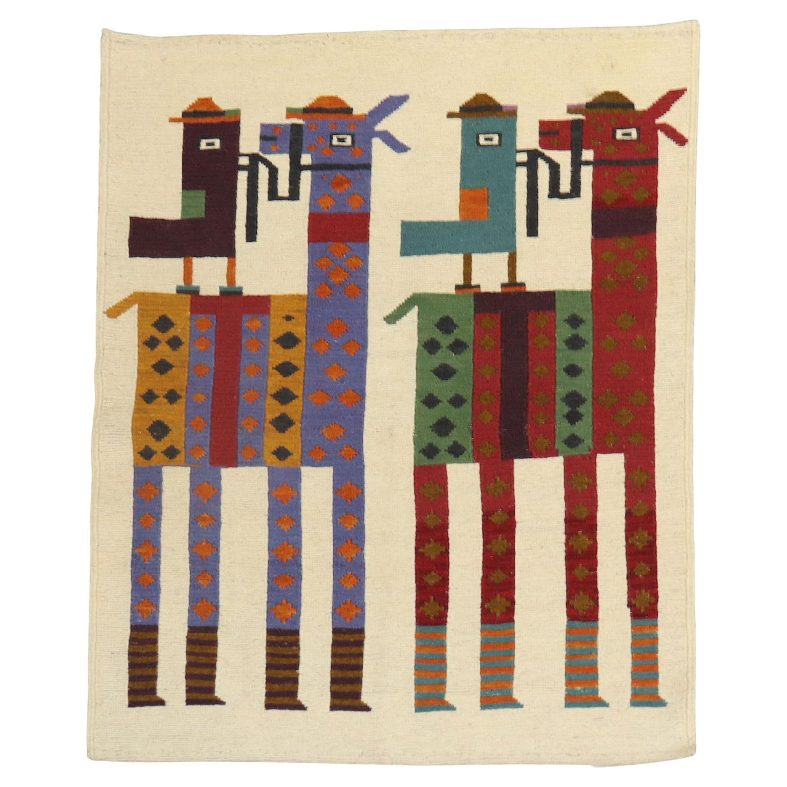 Whimsical Persian Kilim Wall Hanging with Birds and Horses: Whimsical Persian Kilim Wall Hanging with Birds and Horses This unique Persian Kilim wall hanging showcases a charming folk art design featuring two small birds and two mini horses. Crafted from high-