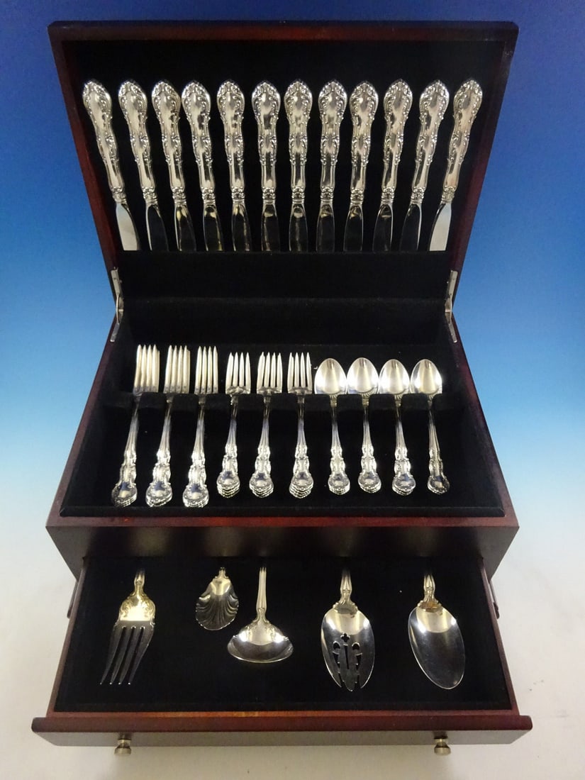 Wallace Old Atlanta Sterling Silver Flatware Set for 12 53 Pcs with Storage Chest: Wallace Old Atlanta Sterling Silver Flatware Set for 12 53 Pcs with Storage Chest Enhance your dining experience with the Old Atlanta Sterling Silver Flatware Set by Wallace, designed to serve 12 peop