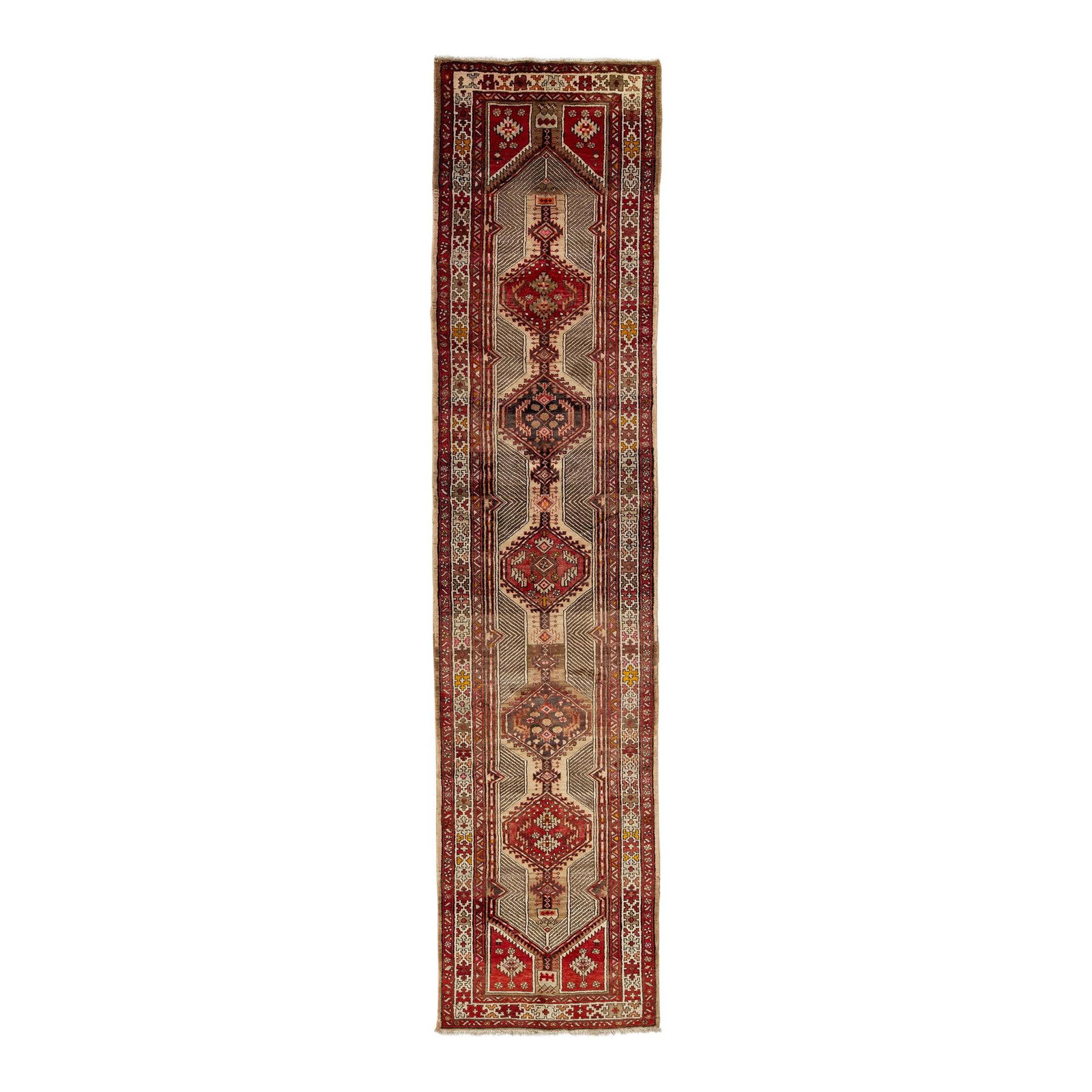 Vintage Persian Serab Handmade Wool Rug 3'5'' x 14'6'': Vintage Persian Serab Handmade Wool Rug 3'5'' x 14'6'' Discover the elegance of this vintage 20th-century Persian Serab handmade wool rug, featuring a stunning beige and red field adorned with