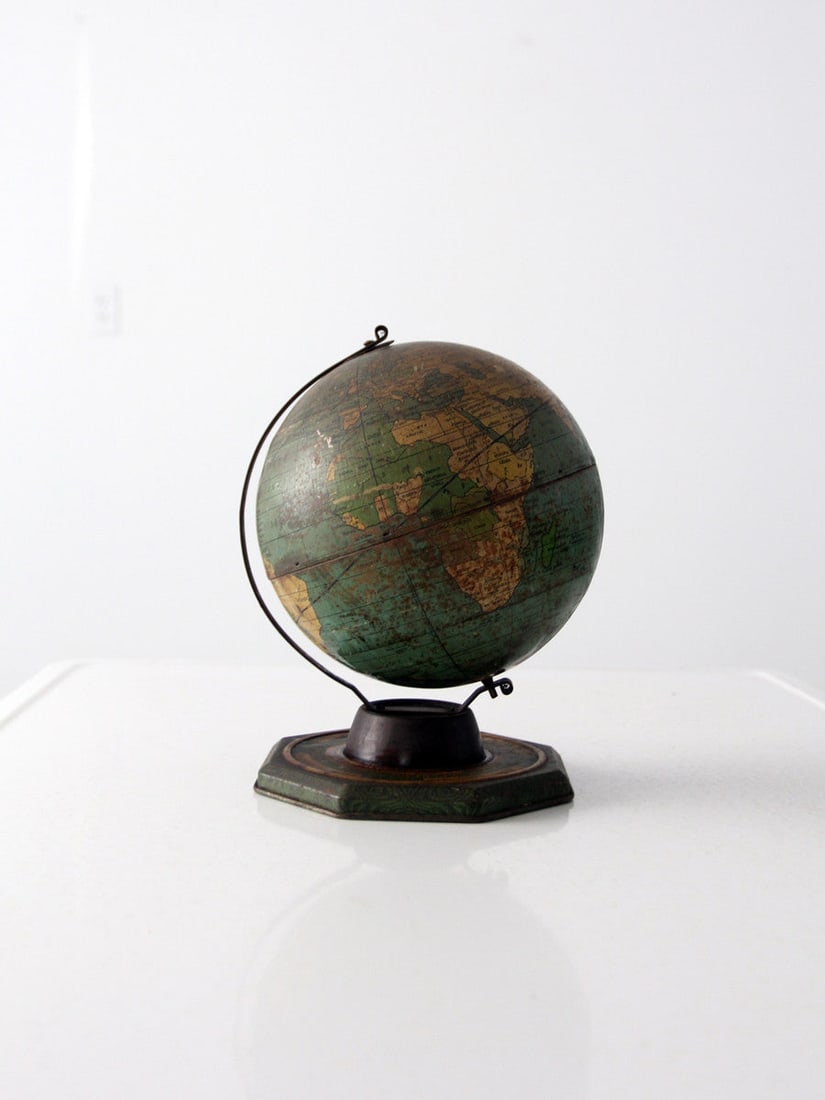 Vintage 1930s J. Chein Tin Globe with Octagonal Base: Vintage 1930s J. Chein Tin Globe with Octagonal Base Discover a charming piece of history with this vintage tin globe by J. Chein & Company, crafted between 1930 and 1935. This globe showcases a