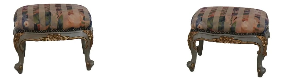 Pair of Louis XV Style Painted Upholstered Ottoman Stools (1 of 10)