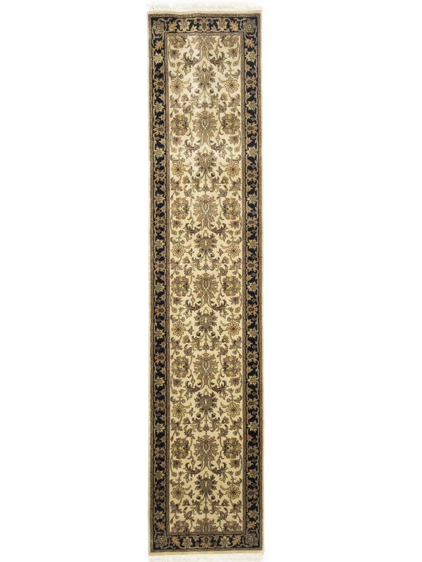 Handmade Agra Jaipur 2'7 x 12' Floral Wool Runner Rug: Handmade Agra Jaipur 2'7 x 12' Floral Wool Runner Rug Enhance your home decor with this stunning handmade Agra Jaipur oriental runner rug, measuring 2'7" x 12'0". This exquisite piece features a beaut