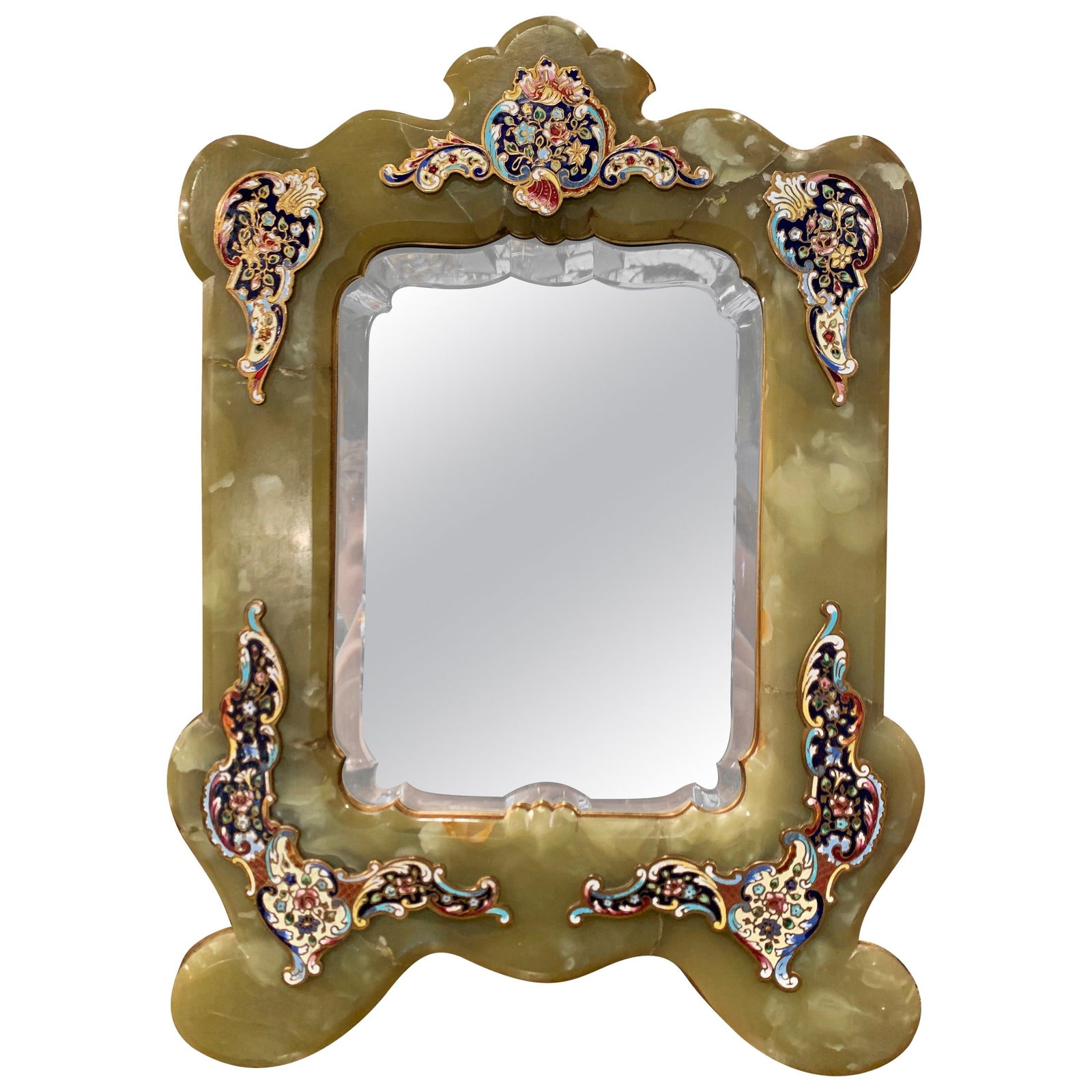 19th Century French Louis XV Champleve Vanity Mirror with Brass Stand: 19th Century French Louis XV Champleve Vanity Mirror with Brass Stand Enhance your master bath with this exquisite 19th Century French Louis XV vanity mirror. Crafted in France around 1870, this frees