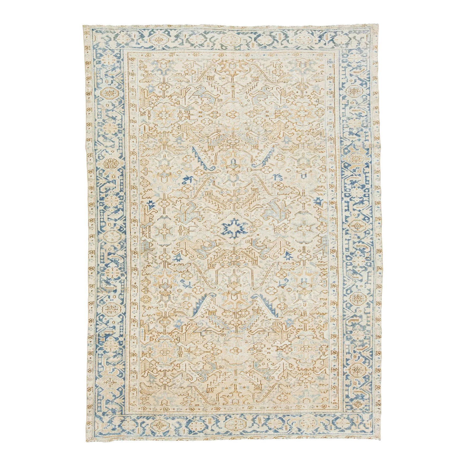 Antique Persian Heriz Wool Rug Beige Blue Floral Design 7'3 x 10'2: Antique Persian Heriz Wool Rug Beige Blue Floral Design 7'3 x 10'2 Discover the elegance of this antique Persian Heriz rug, meticulously hand-knotted from premium wool. The rug features a stunning all