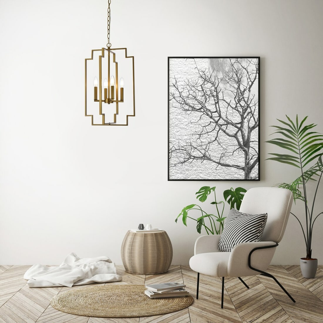 Rosenfeld Brass 4-Light Mid-Century Modern Pendant Chandelier: Rosenfeld Brass 4-Light Mid-Century Modern Pendant Chandelier Illuminate your space with this stunning Mid-Century Modern pendant chandelier, featuring a sleek brass finish. Designed to enhance variou