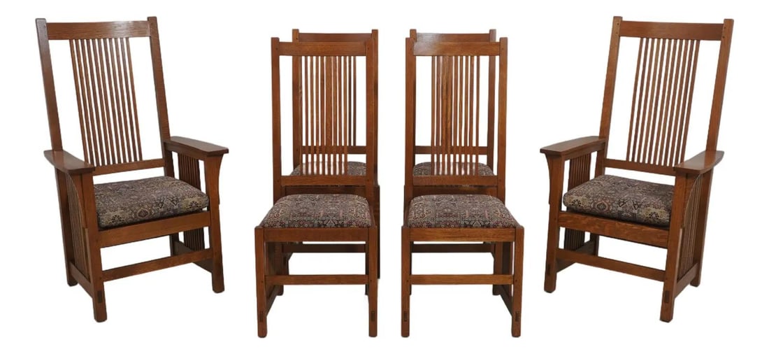 Six Mission Style Oak Spindle Back Dining Chairs Arts and Crafts Design Set of 6: Six Mission Style Oak Spindle Back Dining Chairs Arts and Crafts Design Set of 6 This set includes six Stickley Mission oak dining room chairs crafted in the Arts & Crafts style. Featuring high-qualit