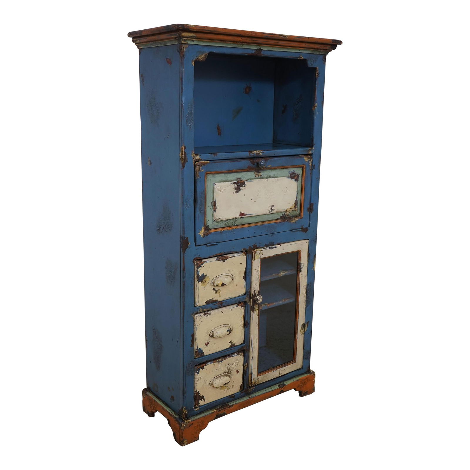 Vintage Blue Wood Bookcase Desk Cabinet with Glass Doors (1 of 10)