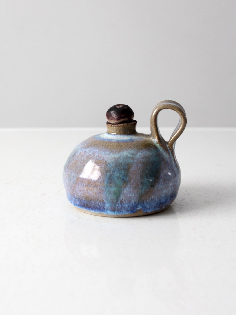 Signed Vintage Studio Pottery Oil Lamp with Purple Blue Glaze (1 of 13)