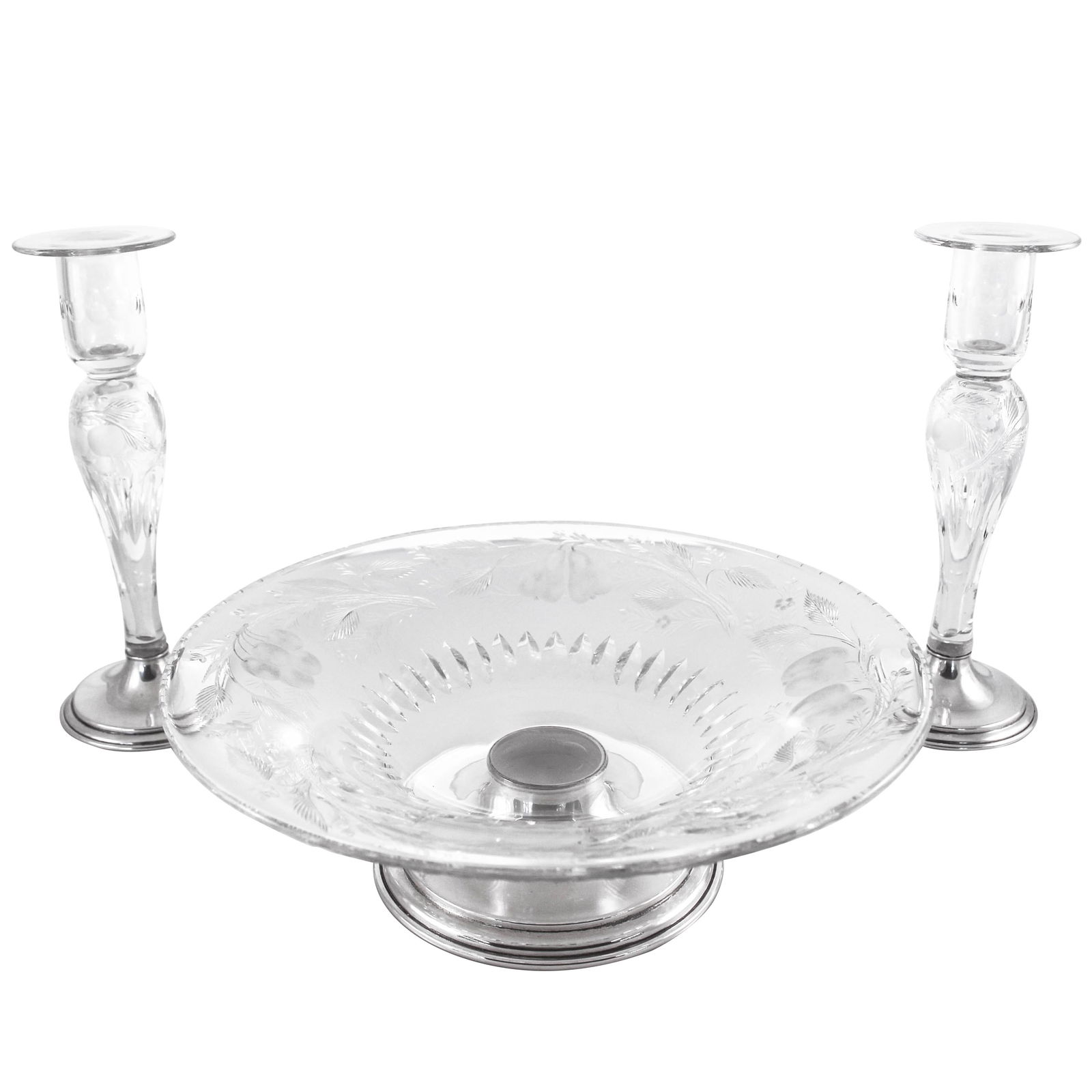 Steuben Hawkes 3-Piece Sterling Silver Glass Candlesticks and Bowl Set 1910 (1 of 12)