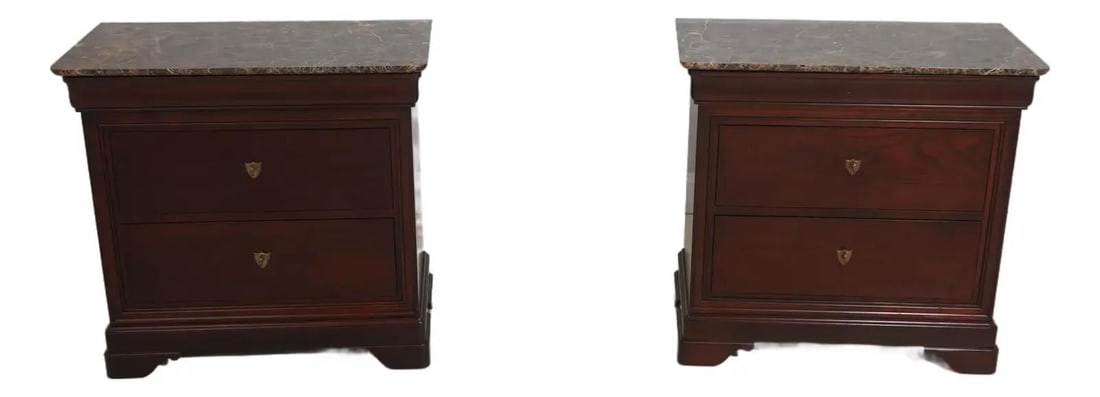Set of Two Empire Style Cherry Nightstands with Marble Tops (1 of 10)