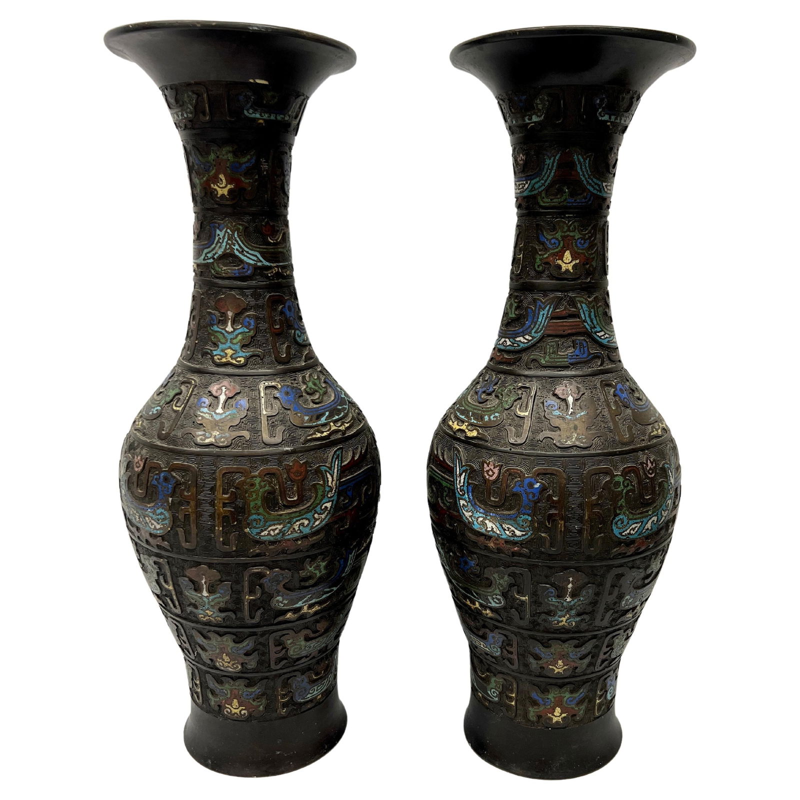 Pair of 19th Century Meiji Japanese Champleve Bronze Vases Signed 21.25 inches: Pair of 19th Century Meiji Japanese Champleve Bronze Vases Signed 21.25 inches This exquisite pair of 19th-century Japanese Champleve bronze vases showcases a beautiful combination of artistry and cra
