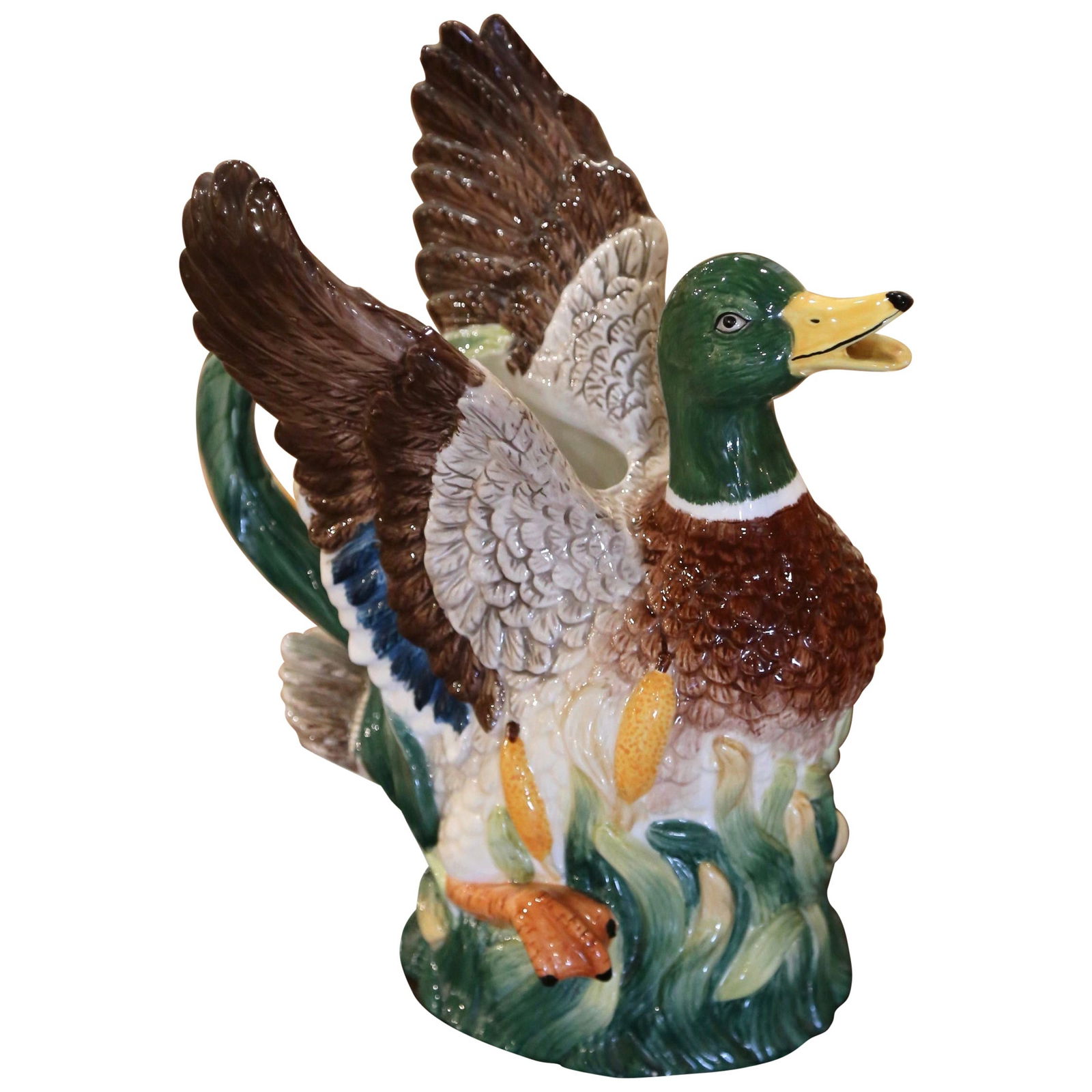 French Barbotine Duck Pitcher Hand-Painted Ceramics 12in Tall (1 of 8)