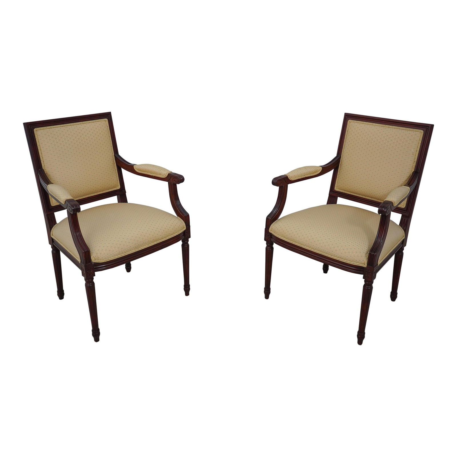 Elegant Pair of Louis XVI Style Upholstered Armchairs Cherry Mahogany Finish: Elegant Pair of Louis XVI Style Upholstered Armchairs Cherry Mahogany Finish This exquisite pair of French Louis XVI style fauteuil upholstered armchairs showcases a blend of classic design and high-q