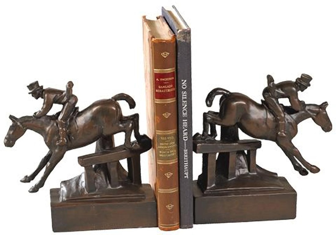 Hand-Painted Equestrian Bookends Horse and Rider Design: Hand-Painted Equestrian Bookends Horse and Rider Design Enhance your decor with these Elegant Equestrian Hand-Painted Bookends, featuring a classic design of a horse and rider in action. Crafted from