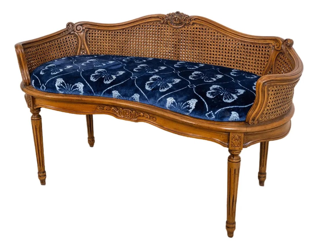 French Louis XV Double Cane Back Boudoir Bench Blue Butterfly Print (1 of 10)