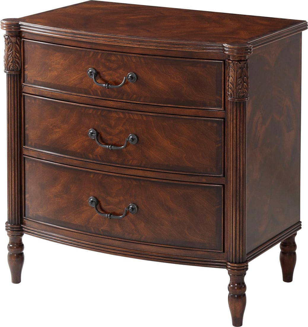 Theodore Alexander Vintage Style Flame Veneered Nightstand: Theodore Alexander Vintage Style Flame Veneered Nightstand This Vintage Style Flame Veneered Nightstand by Theodore Alexander showcases exquisite craftsmanship with its carved uprights and a stunning