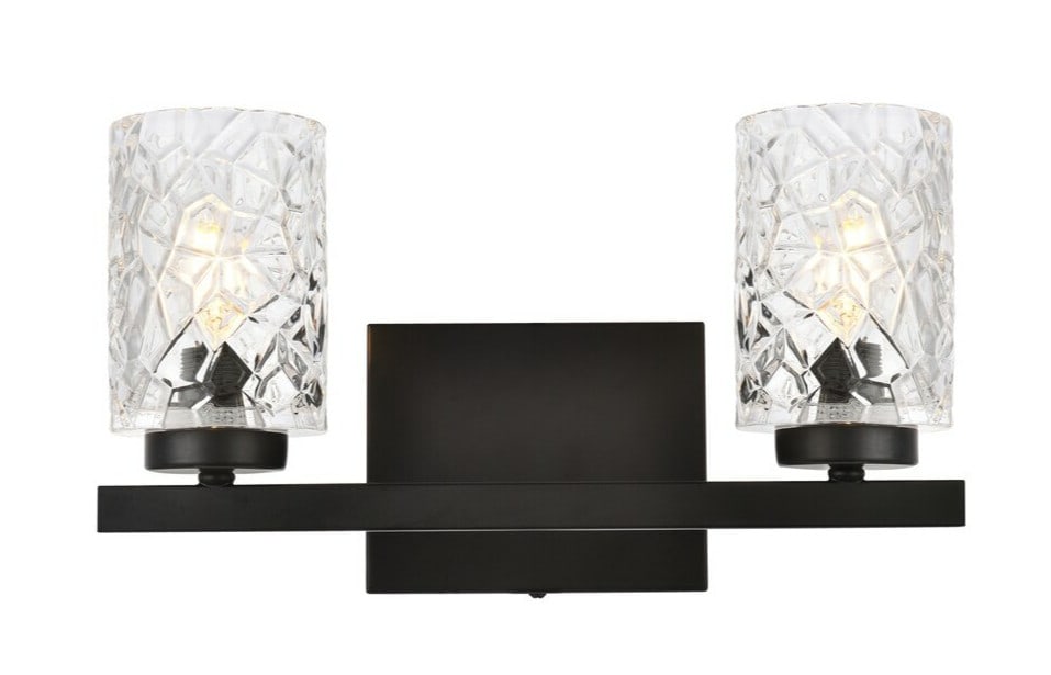 Cassie 2-Light Black Wall Sconce with Glass Shades: Cassie 2-Light Black Wall Sconce with Glass Shades Illuminate your space with this stylish Cassie 2 Light Wall Sconce, featuring a sleek black finish and clear glass shades. Designed for versatility,