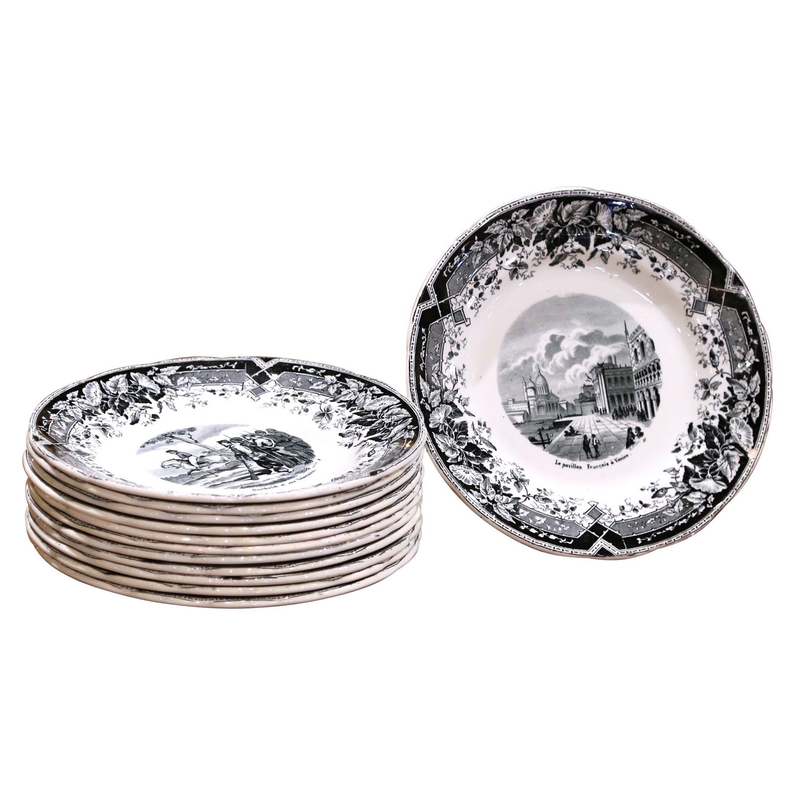 Set of 12 Napoleon III Choisy-le-Roi Dessert Plates Campagnes Militaires: Set of 12 Napoleon III Choisy-le-Roi Dessert Plates Campagnes Militaires This exquisite set of twelve dessert plates, crafted in mid-19th century France at the renowned Choisy-le-Roi manufactory, feat