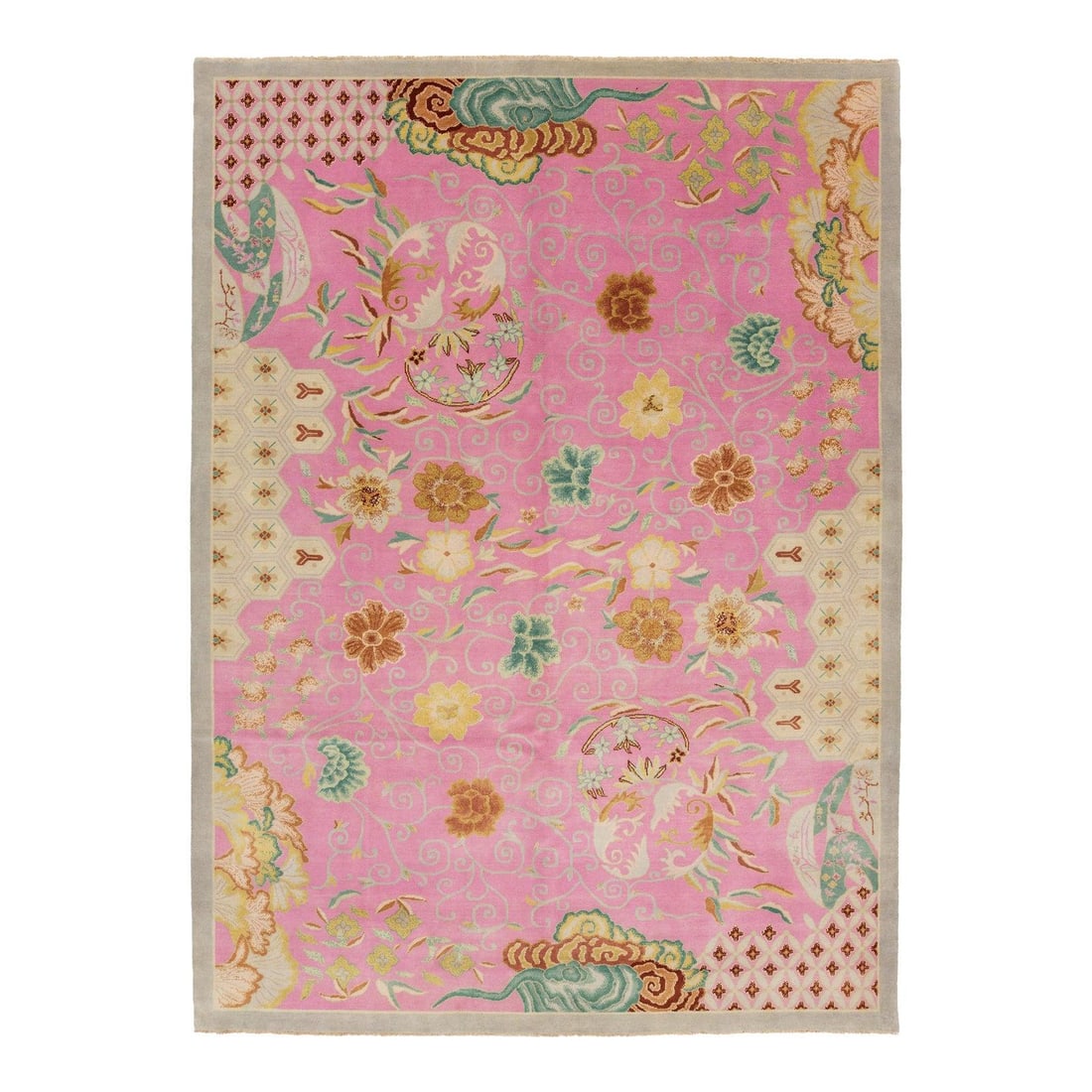 Pink Wool Area Rug With Art Deco Floral Motif 8'11 x 12'2 Handmade: Pink Wool Area Rug With Art Deco Floral Motif 8'11 x 12'2 Handmade This hand-knotted wool rug showcases a sophisticated Art Deco-inspired floral design in a pink color palette, accented by brown and m