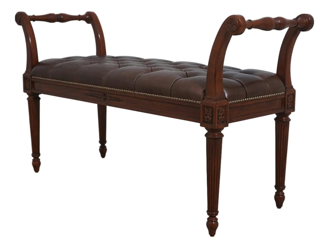 Tufted Brown Leather Bench in Louis XVI French Revival Style (1 of 10)