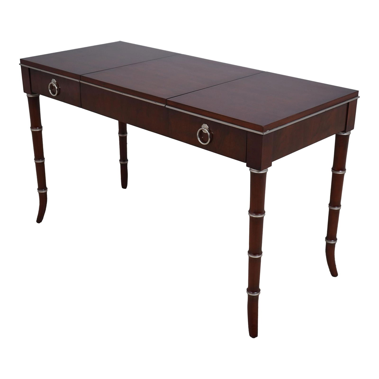 Kindel Cherry Bamboo Form Dressing Vanity with Nickel Trim and Mirror: Kindel Cherry Bamboo Form Dressing Vanity with Nickel Trim and Mirror This exquisite Kindel Cherry Bamboo Form Dressing Vanity is a stunning example of high-quality craftsmanship, approximately 25 yea