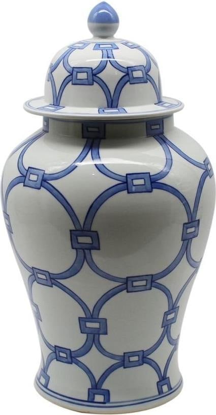 Chinoiserie Blue and White Porcelain Lover Locks Temple Jar (1 of 2)