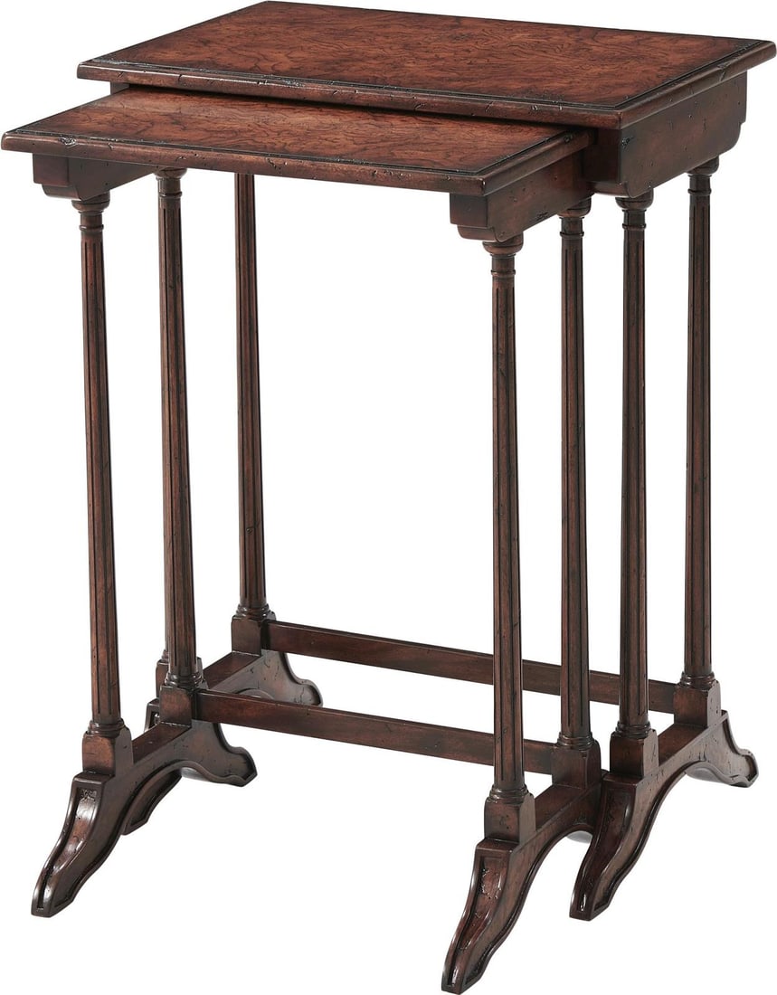 Theodore Alexander Classic Ash Burl Nesting Tables Set of 2: Theodore Alexander Classic Ash Burl Nesting Tables Set of 2 Enhance your living space with this elegant set of Classic Ash Burl Nesting Tables, crafted from Acacia Ash Burl Veneer. Featuring a moulded