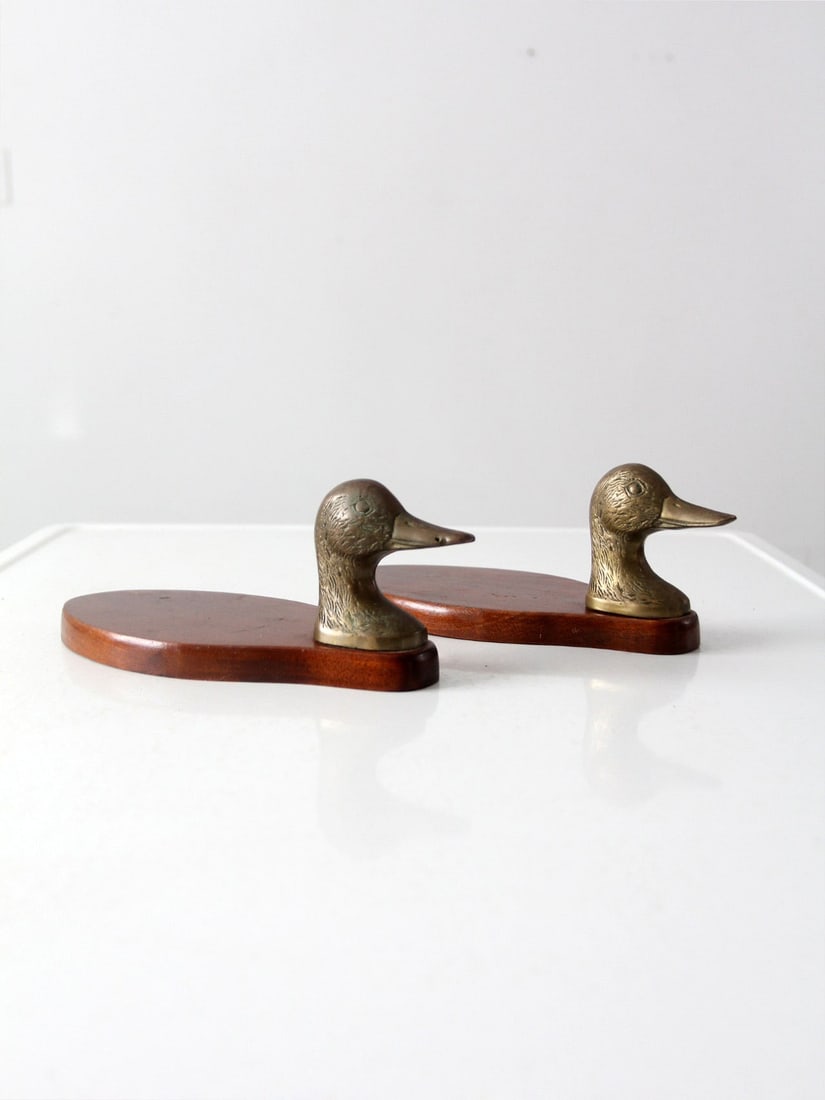 Vintage Brass Duck Valet Tray Pair with Wooden Base (1 of 10)
