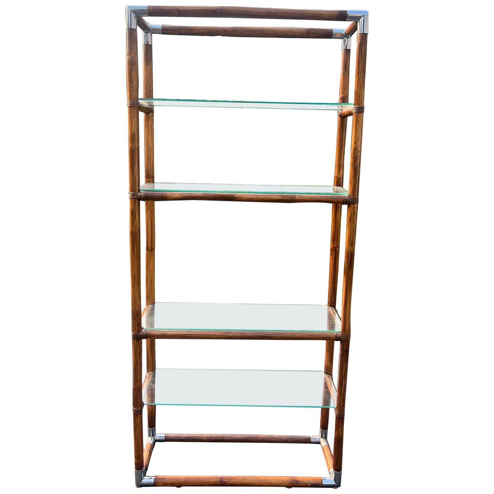 Vintage Hollywood Regency MCM Chrome Bamboo Glass Etagere 76.75": Vintage Hollywood Regency MCM Chrome Bamboo Glass Etagere 76.75" Elevate your living space with this stunning vintage Hollywood Regency style etagere, showcasing a harmonious blend of chrome, bamboo,