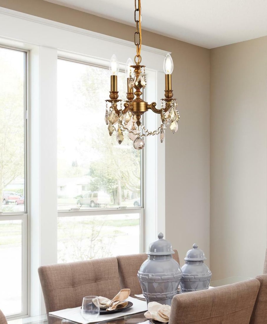 Lillie 3-Light French Gold Pendant Chandelier with Golden Teak Crystals 10": Lillie 3-Light French Gold Pendant Chandelier with Golden Teak Crystals 10" Elevate your space with the stunning Lillie 3-Light Pendant Chandelier, featuring a luxurious French gold finish and exquisi