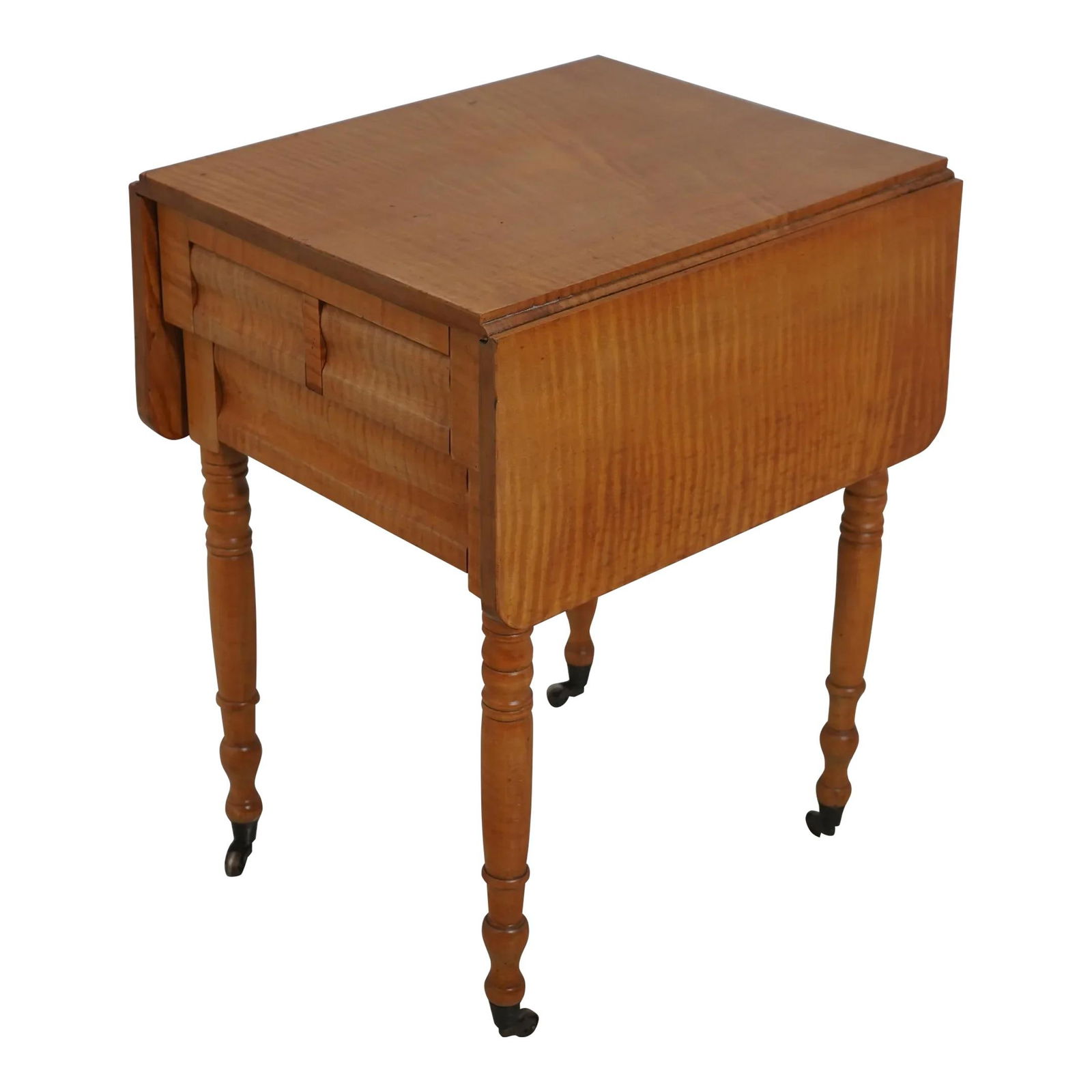Rare Antique Empire Tiger Maple Drop Side End Table C.1820-1860: Rare Antique Empire Tiger Maple Drop Side End Table C.1820-1860 This exquisite Antique American Empire Drop Side End Table, dating back to approximately 1820-1860, showcases stunning tiger maple const