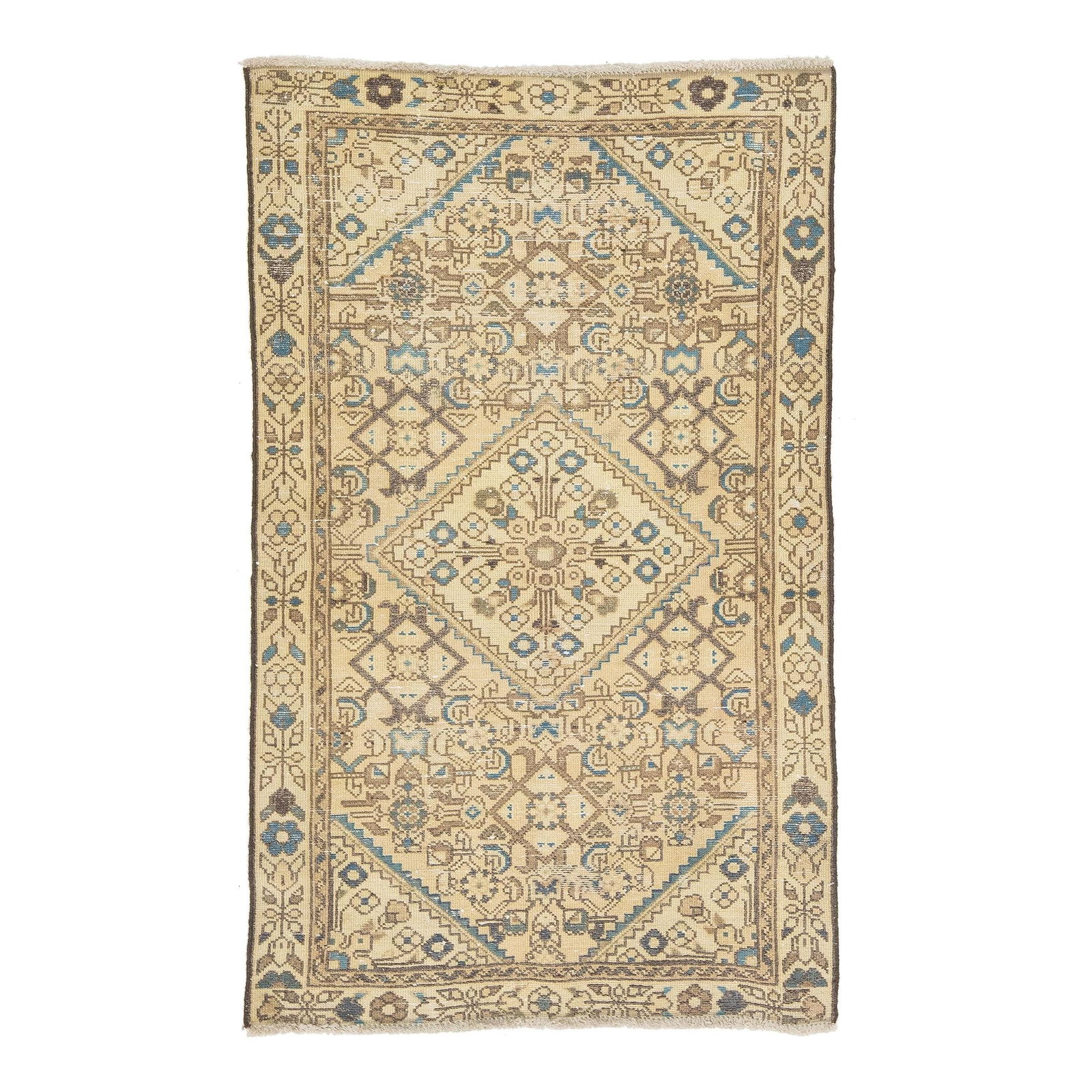 Hand-Knotted Vintage Persian Wool Rug Beige 2'6 x 4'1: Hand-Knotted Vintage Persian Wool Rug Beige 2'6 x 4'1 Enhance your living space with this exquisite vintage hand-knotted Persian rug, featuring a soft beige field adorned with intricate accents in blu