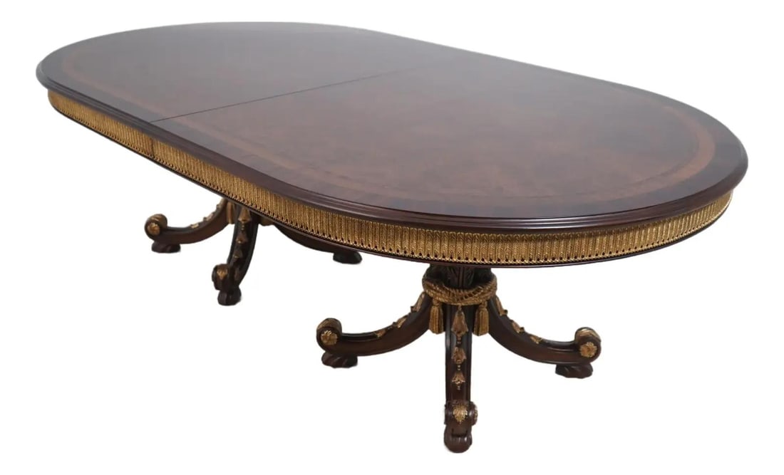Ej Victor Louis XVI Inlaid Dining Table with Burl Elm Top: Ej Victor Louis XVI Inlaid Dining Table with Burl Elm Top This stunning French Louis XVI double pedestal dining table is a remarkable piece that exudes elegance and sophistication. Crafted from high-q
