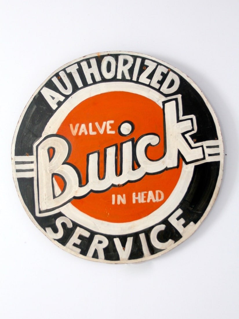 Vintage Buick Authorized Dealer Valve in Head Wood Sign: Vintage Buick Authorized Dealer Valve in Head Wood Sign This vintage Buick service sign features the classic 'Authorized Dealer Valve in Head' design, hand-painted on wood in a striking combination of
