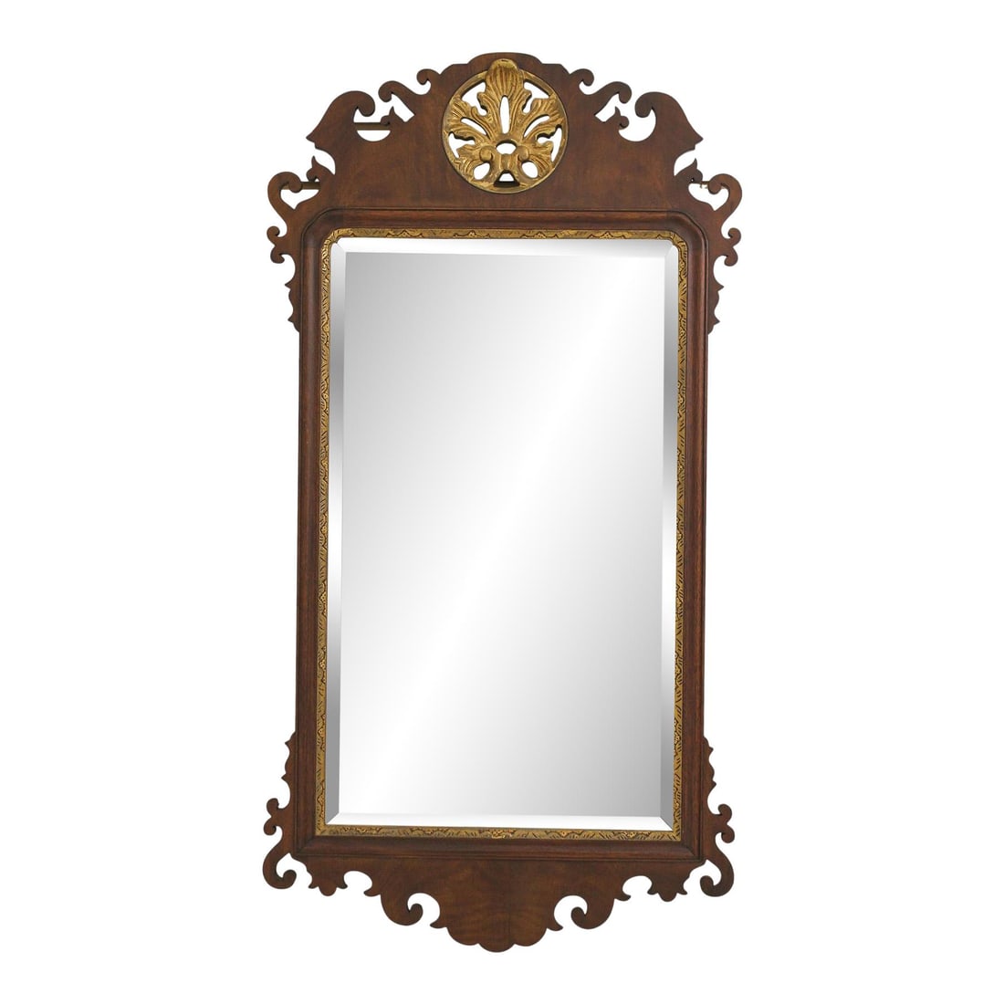 Henkel Harris H-10 Chippendale Mahogany Mirror with Gold Leaf Accents: Henkel Harris H-10 Chippendale Mahogany Mirror with Gold Leaf Accents This exquisite Henkel Harris Model H-10 Chippendale Mahogany Mirror showcases a timeless design crafted around 1986. Featuring a h