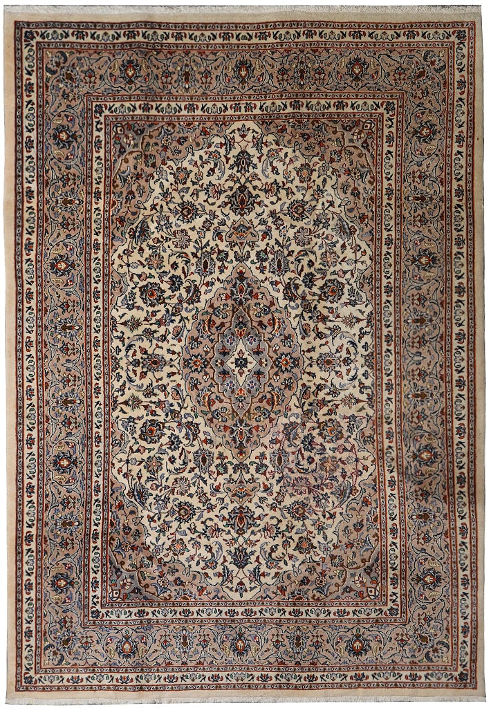 Authentic Persian Kashan Rug 6.9 x 9.8 Hand-Knotted Wool Ivory Blue (1 of 14)