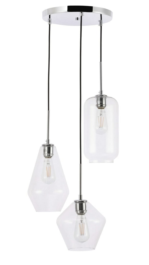 Modern Chrome Pendant Chandelier with 3 Clear Glass Shades (1 of 12)
