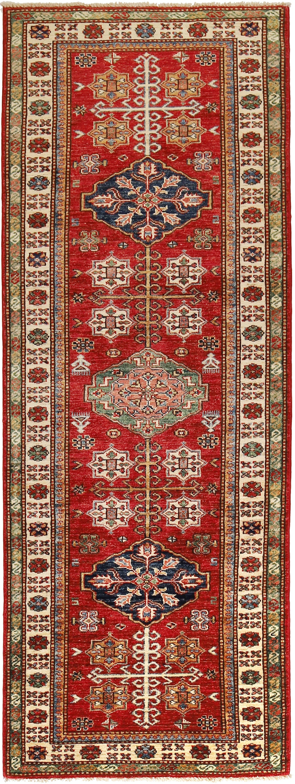 Hand-knotted 2.10 x 8.2 Super Kazak Runner Rug in Red Wool (1 of 8)