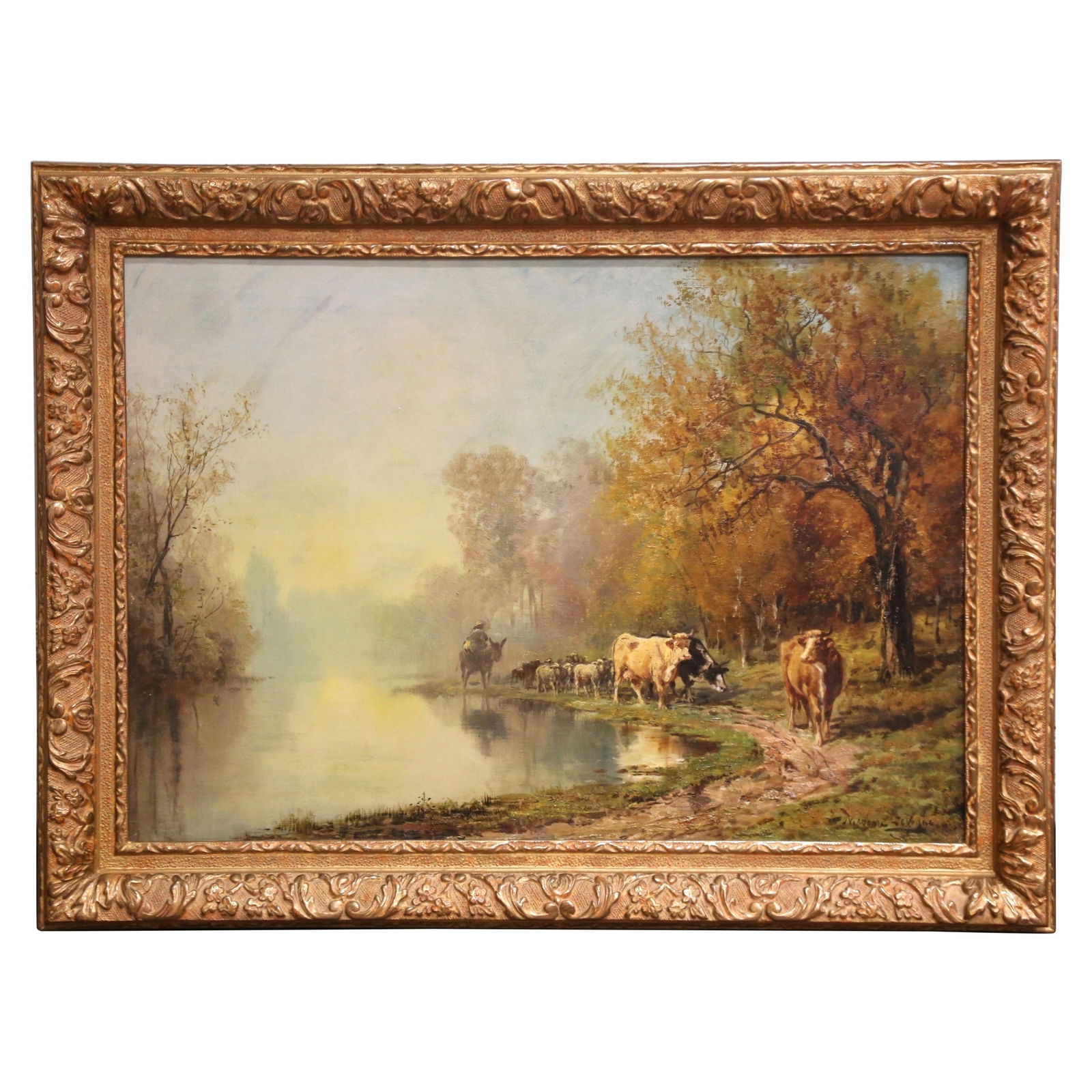 19th Century Theodore Levigne Oil Painting Herd Scene in Carved Giltwood Frame (1 of 8)