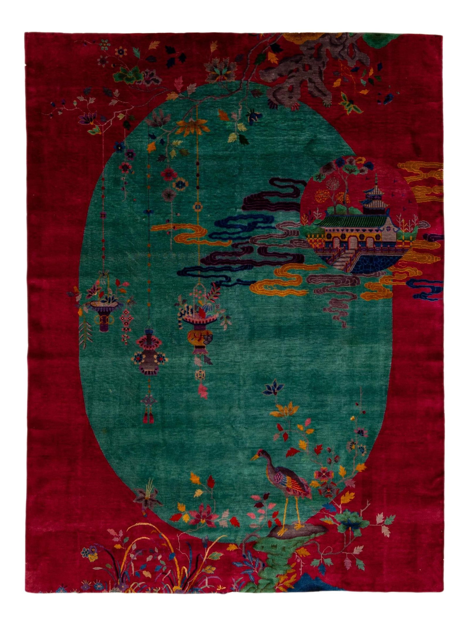 Antique Art Deco Handmade Chinese Wool Rug Green Red Floral 8'10 x 11'6 (1 of 9)