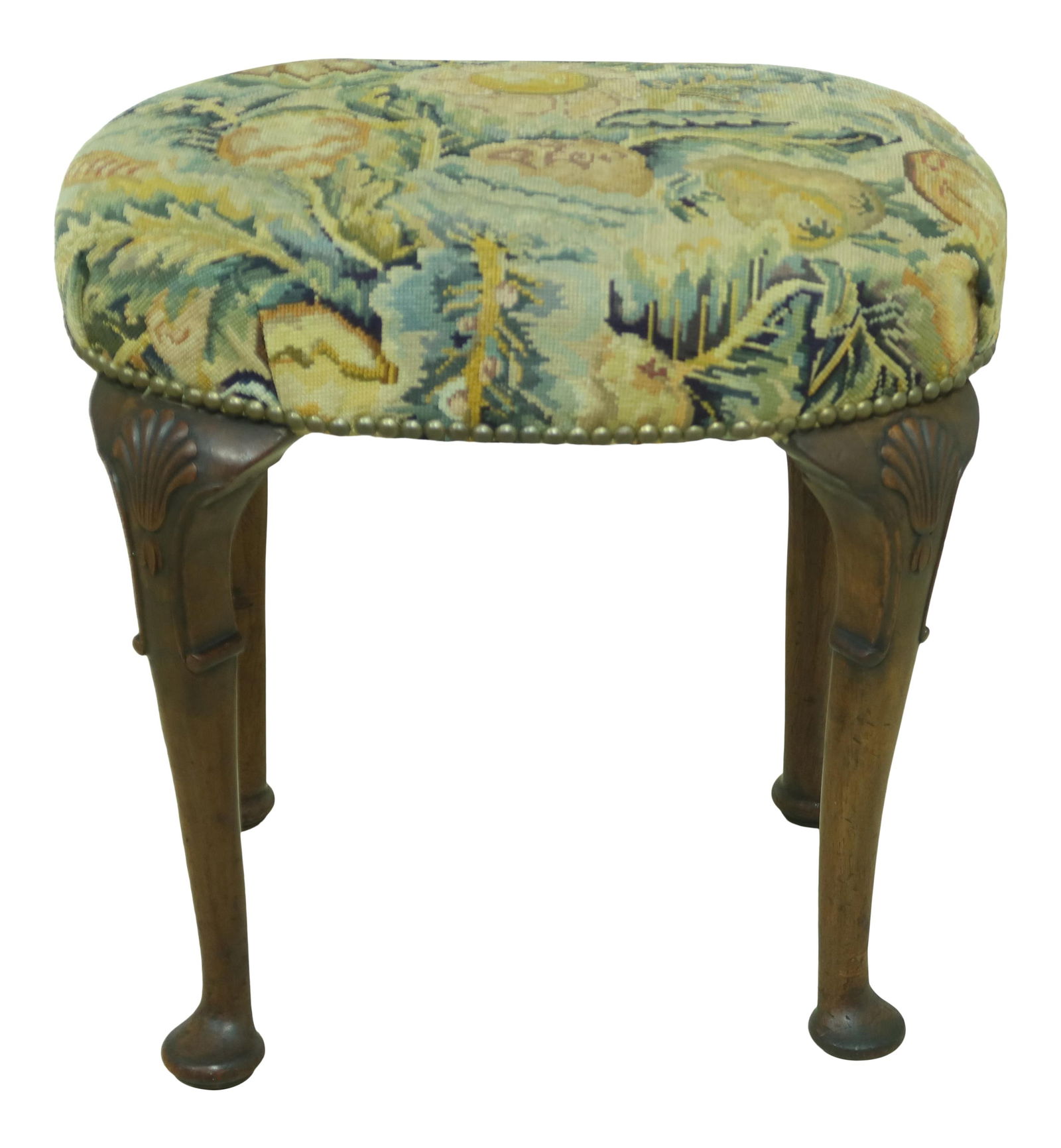 Antique George III Needlepoint Ottoman C1880s Quality Upholstery: Antique George III Needlepoint Ottoman C1880s Quality Upholstery This exquisite Vintage English George III Needlepoint Ottoman, dating back to the 1880s, features finely carved legs and a charming vin