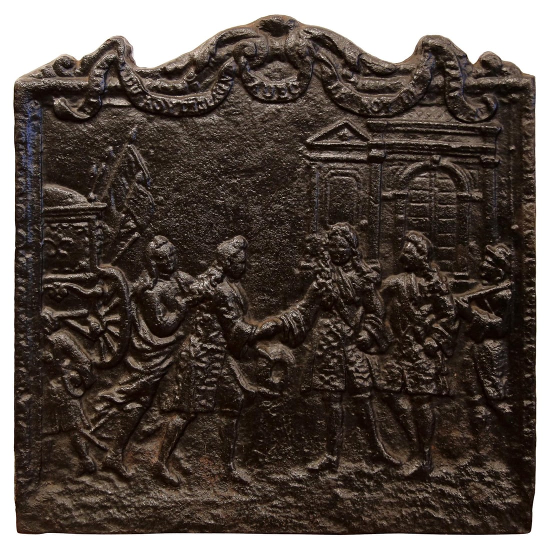 18th Century Louis XVI Black Iron Fireback King Louis XVI and Marie Antoinette: 18th Century Louis XVI Black Iron Fireback King Louis XVI and Marie Antoinette This stunning 18th Century French black iron fireback is a remarkable piece of history, depicting King Louis XVI being ar